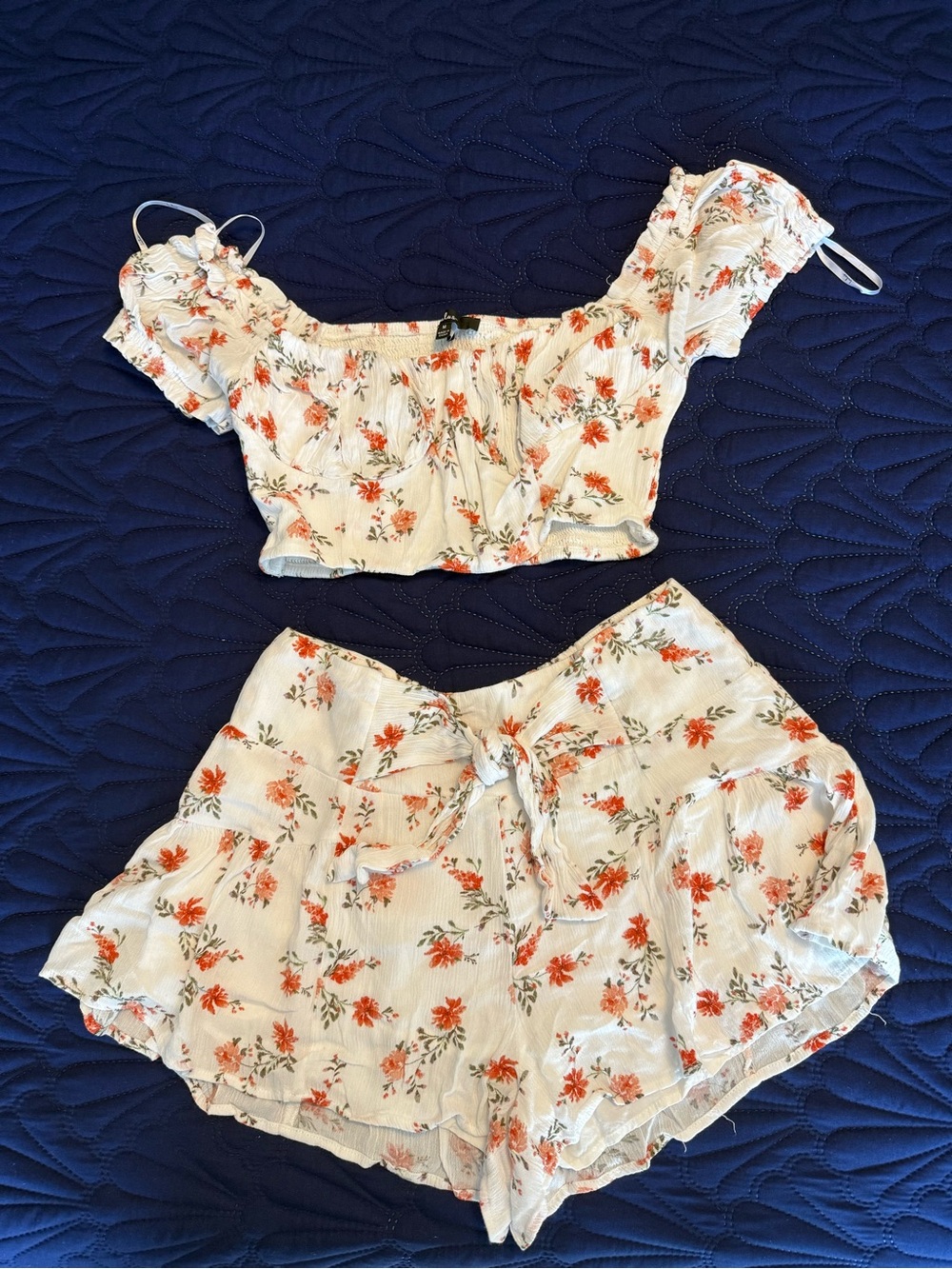 Lulus-Floral Two-Piece Crop Top & Tie-Front Shorts - Cream with Orange Floral